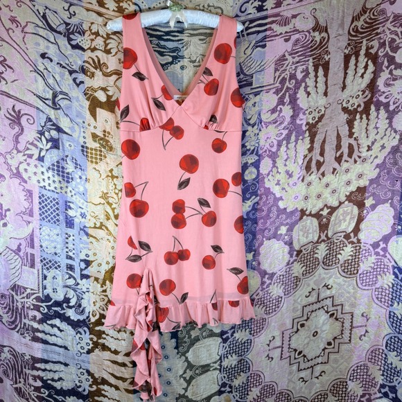 Dresses & Skirts - Pink Red Cherry Print Ruffle Hem Above the Knee Dress Size M